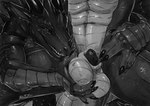 animal_genitalia anthro ball_fondling balls claws duo facial_horn fondling genitals horn looking_at_viewer male male/male nose_horn penis penis_tip scales sheath ventral_scales nitrods mythology dragon mythological_creature mythological_scalie scalie monochrome