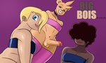 5:3 afro anthro balls bear belly biped black_hair blonde_hair blue_eyes brown_eyes cherryfox73 choker clothing dark dark_body dark_skin erection fur genitals group gus_(sssonic2) hair hi_res human humanoid_genitalia humanoid_penis jewelry leggings legwear leo_(sssonic2) lipstick looking_at_viewer makeup male mammal milo_(cherryfox73) necklace nude penis simple_background smile text thick_thighs