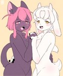 5:6 anthro black_body black_fur bovid braided_hair braided_ponytail caprine domestic_cat duo felid feline felis female female/female fur goat hair hand_holding hi_res horizontal_pupils horn mammal matmat nico_(matmat) pink_hair ponytail preme_(matmat) pupils white_body white_fur