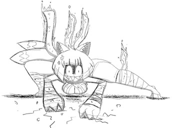 all_fours anthro bandage bandaged_arm bandaged_chest bandaged_leg big_breasts black_eyes breasts cleavage clothed clothing cross-popping_vein fangs female fire fur hair insane insane_eyes looking_at_viewer multi_tail pose scroll simple_background solo tail teeth text thick_thighs white_background wide_hips usagibun1 ayumi_(usagibun1) canid canine fox mammal 2024 digital_media_(artwork) greyscale monochrome sketch
