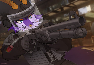 5_fingers ambiguous_gender anthro armor biped bottomwear clothed clothed_ambiguous clothed_anthro clothing fingers front_view fully_clothed fully_clothed_ambiguous fully_clothed_anthro fur gloves gun handwear headgear helmet holding_gun holding_object holding_ranged_weapon holding_weapon horn outside ranged_weapon smile solo standing topwear weapon amarihel mythology dragon mythological_creature mythological_scalie scalie 2026 digital_drawing_(artwork) digital_media_(artwork) hi_res
