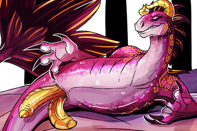 arm_markings claws cloacal_penis erection feral foreskin front_view genitals glans horn long_neck looking_at_viewer lying male markings narrowed_eyes on_side penis pink_body pink_scales purple_body purple_claws purple_scales scales shoulder_markings solo unsigned yellow_glans yellow_horn yellow_markings yellow_penis swampjaws mythology dragon mythological_creature mythological_scalie scalie