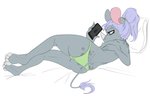 accessory anthro bed blue_eyes butt clothed clothing colored_nails crossdressing electronics feet femboy furniture grey_body grey_skin hair hair_accessory horn male nails panties phone pillow ponytail purple_hair simple_background slim solo spots tail tail_tuft topless tsundere tuft underwear novacantnames nikolai_zaccarin mammal rhinoceros