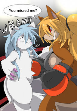 anthro blue_hair bodily_fluids boxing boxing_gloves clothing duo female fighting_ring fur gut_punch hair handwear male male/female onomatopoeia sound_effects sport sweat sweatdrop text white_body white_fur restluck enola_(mlpboxing) restluck_(character) canid canine fox mammal true_fox unknown_species hi_res