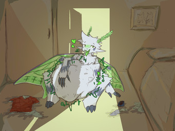 ambiguous_gender anthro bed bedroom biped clothes_on_floor duo electronics furniture green_mouth green_tongue heart_symbol inside phone picture_frame same_size_vore tongue vore wings accadurosoce muth_(accadurosoce) arthropod insect lepidopteran moth 2024 colored hi_res