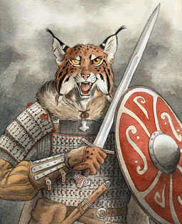 5_fingers abstract_background armor belt belt_pouch breastplate brown_body brown_fur buckle dagger ear_tuft fingers fur holding_melee_weapon holding_object holding_shield holding_sword holding_weapon looking_at_viewer looking_forward markings melee_weapon open_mouth plate_mail round_shield scar shield solo spaulder spots spotted_body spotted_fur striped_body striped_fur stripes sword teeth tongue tuft vambrace weapon white_body white_fur yellow_eyes 0laffson felid feline lynx mammal 2018 graphite_(artwork) painting_(artwork) signature traditional_media_(artwork) traditional_painting_(artwork) traditional_watercolor_(artwork) watercolor_(artwork)