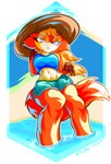 absurd_res anthro beach big_tail canid canine clothed clothing digital_media_(artwork) eyewear female fox fur glasses hat headgear headwear hi_res linux looking_at_viewer mammal midriff outside red_body red_fox red_fur seaside solo sunny swimming_trunks swimwear tacophox tail thick_thighs trans_(lore) trans_woman_(lore) true_fox water white_body white_fur xenia_(linux)