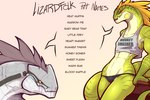 abs anthro clothing duo female green_body grey_body male muscular muscular_arms pet_name shirt simple_background skimpy_bottomwear tank_top text topwear lluisabadias fintir_(lluisabadias) yu'hiss lizard reptile scalie 2024 absurd_res english_text hi_res