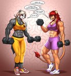 abs anthro big_breasts black_nose blonde_hair bottomwear bra breasts brown_hair cleavage clenched_teeth clothed clothing dialogue dumbbell duo female footwear fur grey_body grey_fur hair multicolored_body multicolored_fur muscular muscular_anthro muscular_female navel shoes shorts sneakers speech_bubble sports_bra standing tan_body tan_fur teeth text two_tone_body two_tone_fur underwear vein veiny_muscles weights white_body white_fur mykegreywolf liz_(mykegreywolf) badger felid lion mammal mustelid musteline pantherine 2024 absurd_res english_text hi_res