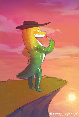 anthro brown_clothing brown_hat brown_headwear candy clothing countershade_face countershade_torso countershading dessert empty_eyes featureless_feet feet fingers food glistening glistening_body grass green_body green_grass green_tail gummy_(food) hat hat_only headgear headgear_only headwear headwear_only holding_candy holding_food holding_lollipop holding_object lollipop male male_anthro mostly_nude mostly_nude_anthro mostly_nude_male plant rear_view snout solo sun sunset tail text three-quarter_view white_body white_countershading white_eyes yellow_body davey_aykroyd glitch_productions the_amazing_digital_circus gummigoo_(tadc) alligator alligatorid crocodilian food_creature gummy_creature living_candy reptile scalie 2024 artist_name colored digital_media_(artwork) digital_painting_(artwork) hi_res painting_(artwork)