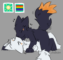 >_< anthro arm_tuft back_tuft belly_tuft big_ears big_tail biped black_body black_eyebrows black_fur black_heart black_nose black_tail blush cheek_tuft dipstick_tail duo eyebrows eyes_closed facial_tuft fluffy fluffy_fur fluffy_tail fur gameplay_mechanics grey_background hands_on_ground happy head_tuft heart_symbol hug kissing kneeling lgbt_pride love lying male male/male markings moodles motion_lines mouthless nude nude_anthro nude_male on_back orange_blush orange_body orange_fur orange_tail_tip pride_colors rainbow_flag rainbow_pride_flag rainbow_symbol romantic romantic_couple simple_background snout spikes spikes_(anatomy) stated_homosexuality stated_sexuality sun_symbol tail tail_aside tail_markings tail_motion tailwag text tuft white_body white_fur zhodholm casualties:_unknown canid canine expie_(gunsawian) fox gunsawian hybrid mammal milky_(gunsawian) murid murine rat rodent 2026 artist_name colored digital_drawing_(artwork) digital_media_(artwork) sketch watermark