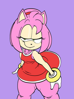 accessory anthro big_butt breasts butt clothing dress female gloves green_eyes grin hair_accessory hairband handwear narrowed_eyes pink_body purple_background red_clothing red_dress simple_background slightly_chubby small_breasts smile smiling_at_viewer solo tan_arms tan_eyelids thick_thighs white_background ultrahand sega sonic_the_hedgehog_(series) amy_rose eulipotyphlan hedgehog mammal 2026 hi_res