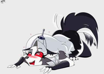 anthro blush ear_piercing female fur grey_body grey_fur hair head_massager heart_pupils heart_symbol kitchen_utensils long_hair lying notched_ear on_front open_mouth open_smile piercing playful red_sclera silly simple_background smile solo tail tail_motion tailwag tongue tongue_out tools whisk white_body white_eyes white_fur white_hair ghostspectre42 hellaverse helluva_boss mythology loona_(helluva_boss) canid canid_demon canine demon hellhound mammal mythological_canine mythological_creature 2024 absurd_res hi_res