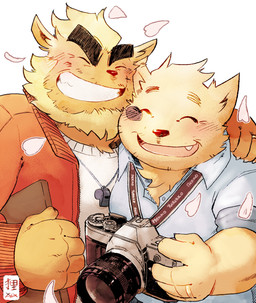 aged_up anthro beard camera clothing cute_fangs duo facial_hair fangs jacket male male/male petals red_clothing red_jacket red_topwear romantic romantic_ambiance romantic_couple smile teeth topwear whistle_(object) raigmann mekko_rarekko buchi yamano_taishou canid canine canis mammal 2025 absurd_res hi_res