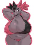 anthro belly big_breasts black_hair breasts camel_toe chest_tuft cleavage clothed clothed_anthro clothed_female clothing curvy_figure eyebrows eyelashes female female_anthro front_view fur grey_body grey_fur hair hands_behind_head heterochromia huge_breasts looking_aside multicolored_clothing multicolored_hair navel nipple_outline open_mouth overweight overweight_anthro overweight_female panties pink_clothing pink_hair pink_panties pink_underwear sharp_teeth simple_background solo teeth thick_thighs topwear tuft two_tone_clothing two_tone_hair underwear voluptuous voluptuous_anthro voluptuous_female white_background nocimon canid canine mammal 2022 digital_drawing_(artwork) digital_media_(artwork) hi_res portrait three-quarter_portrait