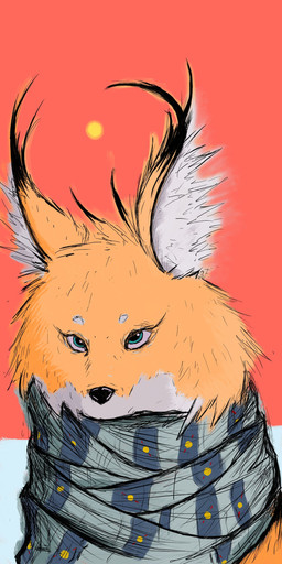ambiguous_gender eyelashes female feral fluffy fur orange_body orange_fur red_sky scarf sky snow solo sun sapient_melon canid canine fox mammal absurd_res hi_res