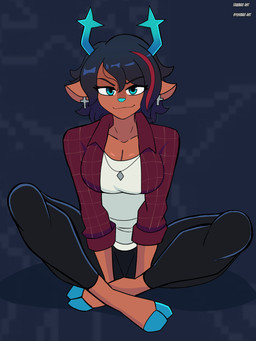 anthro antlers big_breasts biped blue_antlers blue_eyes blue_hooves blue_horn blue_nose bottomwear breasts clothed clothing crossed_legs ear_piercing female flannel flannel_shirt front_view hooves horn jewelry looking_at_viewer necklace pants piercing red_clothing shirt sitting smile solo t-shirt tight_bottomwear tight_clothing tight_pants tomboy topwear white_clothing white_shirt white_topwear tawman_art deltarune undertale_(series) dess_holiday roaring_knight deer mammal 3:4 absurd_res hi_res unavailable_at_source
