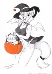 alica anthro bottomless clothed clothing convenient_censorship cosplay costume duo female feral food fruit holidays humor magic_user no_underwear plant pumpkin wings witch tirashanks_(artist) halloween cleo canid canine domestic_cat felid feline felis fox mammal