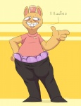 anthro biped burger clothed clothing dialogue food footwear fur glamburger grin hat headgear headwear nervous open_mouth shirt shoes smile solo teeth text text_on_clothing text_on_hat text_on_headwear topwear yellowhellion undertale undertale_(series) burgerpants domestic_cat felid feline felis mammal 2015 english_text