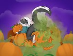 anthro anus butt claws clothed clothing embarrassed fart fart_cloud fart_fetish food fruit gassy holidays jack-o'-lantern male partially_clothed plant pumpkin raised_tail skunk_tail solo tail thr33y3dg0at halloween mammal mephitid skunk hi_res