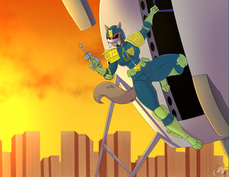 anthro black_hair brown_body brown_fur city city_background clothed clothed_anthro clothing dangerous digital_color female flying fur hair judge_dredd sunset weapon stogiegoatarts hanna-barbera swat_kats felina_feral domestic_cat felid feline felis mammal digital_media_(artwork)