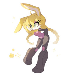 anthro blonde_hair braided_hair breasts clothing cybernetic_arm cybernetic_leg cybernetic_limb eyelashes female fur green_eyes hair leotard open_mouth pigtails solo twin_braids yellow_body yellow_fur candleyy sega sonic_the_hedgehog_(series) bunnie_rabbot lagomorph leporid mammal rabbit 2025 hi_res