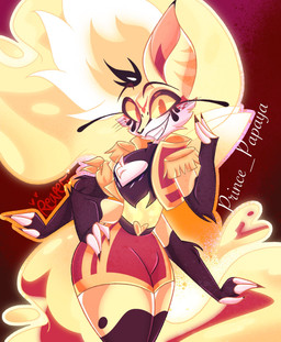 armwear blush bottomwear claws cleavage_cutout clothing cutout detached_sleeves extra_arms fangs female fur hand_on_hip hand_on_own_hip makeup official_alternate_costume red_background red_eyes shorts simple_background smile solo tail teeth text white_body white_fur yellow_body yellow_fur yellow_sclera prince_papaya hellaverse helluva_boss queen_bee-lzebub_(helluva_boss) canid canine elt fox mammal artist_name hi_res