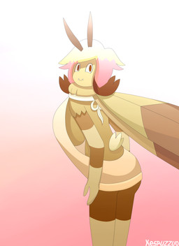 antennae_(anatomy) anthro big_breasts breasts clothed clothing female hair huge_breasts looking_back multicolored_hair non-mammal_breasts side_boob simple_background smile solo standing sweater topwear virgin_killer_sweater wings kespuzzuo meme_clothing povimoulli_(kespuzzuo) arthropod insect lepidopteran moth 2017 absurd_res digital_media_(artwork) hi_res meme