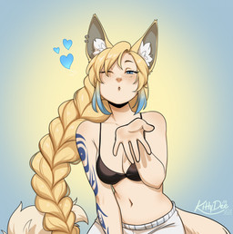 5_fingers arm_tattoo blonde_hair blue_eyes bottomwear bra braided_hair breasts clothed clothed_female clothed_humanoid clothing ear_piercing eyes_closed female fingers front_view hair heart_symbol inner_ear_fluff long_hair looking_at_viewer navel open_mouth pants piercing simple_background solo standing tail tattoo tongue tuft underwear yellow_tail kittydee humanoid 2025 digital_drawing_(artwork) digital_media_(artwork) hi_res