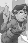 5_fingers anthro breasts buckteeth clothing eyewear female fingers fur gesture glasses hair hat headgear headwear holding_object holding_paper kerchief looking_at_viewer neckerchief neckwear paper scout_uniform simple_background smile solo teeth uniform littlenapoleon beaver mammal rodent 2013 digital_media_(artwork) monochrome