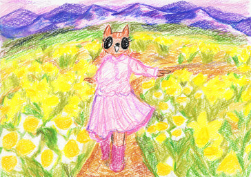 anthro bangs biped black_eyes boots braided_hair brown_hair clothing daffodil_(flower) dress eyelashes female flower flower_field footwear grass hair long_hair mountain open_mouth outside path pink_boots pink_clothing pink_dress pink_footwear pink_sky plant shoes sky solo walking tomohirosibuyahappyanimals mammal colored_pencil_(artwork) full-length_portrait hi_res portrait traditional_media_(artwork)