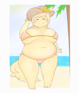anthro beach belly big_breasts bikini blush breasts clothing eyes_closed female fur hat headgear headwear navel overweight smile solo straw_hat swimwear triangle_bikini two-piece_swimsuit yellow_body yellow_fur o_ryu09 cyberconnect2 fuga:_melodies_of_steel little_tail_bronx boron's_mom domestic_cat felid feline felineko felis mammal hi_res