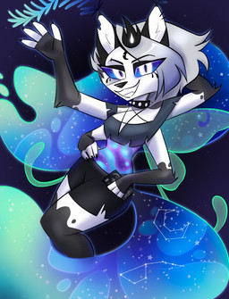 4_arms 4_fingers alternate_species anthro belly black_bottomwear black_clothing black_shorts blue_sclera bottomwear breasts cellphone clothing collar constellation crop_top ear_piercing electronics ethereal_hair ethereal_tail eyebrow_piercing facial_piercing female fingers fur gloves_(marking) grin hair holding_cellphone holding_object holding_phone holding_smartphone markings multi_arm multi_limb multicolored_belly notched_ear phone piercing pupils shirt shorts slit_pupils small_waist smartphone smile solo spiked_collar spikes star topwear white_body white_eyes white_fur white_hair wings akrost hellaverse helluva_boss mythology loona_(helluva_boss) queen_bee-lzebub_(helluva_boss) canid canid_demon canine demon hellhound hybrid mammal mythological_canine mythological_creature 2023 absurd_res hi_res