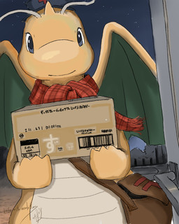 ambiguous_gender antennae_(anatomy) biped countershading delivery_(commerce) delivery_employee feral horn membrane_(anatomy) messenger_bag mouth_closed night orange_body package postal_carrier postal_delivery red_scarf scarf smile solo tail teal_wings text wings karu_wacame nintendo pokemon dragonite generation_1_pokemon pokemon_(species) scalie japanese_text translation_request