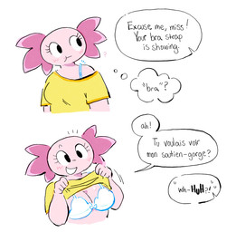 anthro bald bodily_fluids bra bra_strap breasts clothed clothing clothing_lift confusion dialogue external_gills female french gills misunderstanding offscreen_character pink_body presenting presenting_breasts shirt shirt_lift solo speech_bubble surprised sweat sweatdrop text thought_bubble topwear underwear white_bra white_clothing white_underwear yellow_clothing yellow_shirt yellow_topwear kint bra_strap_showing_(meme) normalsville esme_(normalsville) amphibian aquatic axolotl mole_salamander salamander french_text handwritten_text hi_res meme