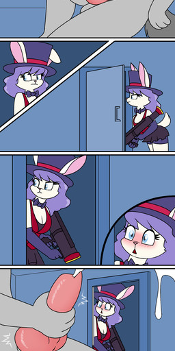 animal_genitalia animal_penis anthro balls blue_eyes blush bodily_fluids canine_genitalia canine_penis caught_in_the_act clothed clothing cum cumshot duo ejaculation erection female genital_fluids genitals hat headgear headwear inside knot locker_room male male/female masturbation orgasm penetration penile penile_penetration penis ranged_weapon rocket_launcher throbbing throbbing_knot throbbing_penis top_hat walk-in weapon pencil_bolt blueberry_(pencil_bolt) canid canine canis lagomorph leporid mammal rabbit wolf absurd_res comic hi_res