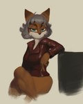 anthro bent_legs blue_eyes bottomless cigarette clothed clothing crossed_legs female hair jacket leg_over_thigh looking_at_viewer short_hair simple_background sitting solo topwear tenacitrus canid canine fox mammal 4:5 hi_res