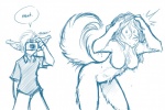 anthro basitin bathing bent_over blue_and_white breasts camera canid canine canis caught_in_the_act conditional_dnp dialogue duo english_text female keidran keith_keiser mammal monochrome natani nude parody raised_tail shocked sketch surprise tail text tom_fischbach twokinds wet wolf