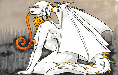 anthro breasts collar ear_piercing female horn kneeling long_tongue marker membrane_(anatomy) membranous_wings nipple_piercing nipples piercing simple_background solo tail tongue tongue_out white_body wings yellow_nipples spoilla mythology dragon mythological_creature mythological_scalie scalie traditional_media_(artwork)