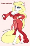 anthro bathrobe big_breasts blonde_hair blue_eyes breasts cleavage clothed clothing female fur hair hand_on_hip pink_body pink_skin robe solo text white_body white_fur wide_hips yellow_body yellow_fur scificat third-party_edit animaniacs warner_brothers minerva_mink mammal mink mustelid musteline true_musteline color_edit colored url