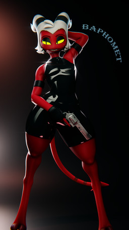 2_horns armband black_clothing black_horn bottomwear clothed clothing femboy fingerless_gloves freckles gloves gun hair hand_behind_head handgun handwear holding_gun holding_object holding_ranged_weapon holding_weapon hooves horn latex latex_clothing latex_skinsuit looking_at_viewer male male_humanoid pistol ranged_weapon red_body red_skin revolver sharp_teeth shirt shorts simple_background skinsuit smile solo standing tail teeth text thick_thighs tight_clothing topwear weapon white_hair yellow_eyes yellow_sclera baphomet_(artist) valorlynz_(modeler) hellaverse helluva_boss moxxie_(helluva_boss) demon demon_humanoid humanoid imp 3d_(artwork) 4k 9:16 absurd_res digital_media_(artwork) english_text hi_res
