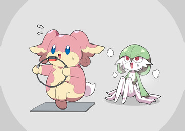 ambiguous_gender blue_eyes bodily_fluids controller duo exercise fitness fur game_controller green_hair hair holding_controller holding_game_controller holding_object mat pink_body pink_fur red_eyes simple_background sweat yellow_body yellow_fur maks nintendo nintendo_switch pokemon ring-con ring_fit_adventure audino gardevoir generation_3_pokemon generation_5_pokemon pokemon_(species)