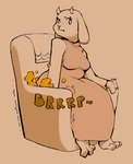 2_horns anthro black_eyebrows breasts chair clothing dress eyebrows eyelashes fart fart_cloud farting_on_chair female floppy_ears furniture horn side_look simple_background sitting solo tan_background jubb undertale undertale_(series) toriel bovid caprine goat mammal 2021 artist_name low_res