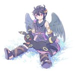 accessory ambiguous_gender black_hair clothing duo feathered_wings feathers feet footwear hair hair_accessory light_body light_skin male red_eyes simple_background sitting toes wings nopepe kid_icarus nintendo pokemon dark_pit angel eeveelution generation_2_pokemon humanoid pokemon_(species) umbreon crossover