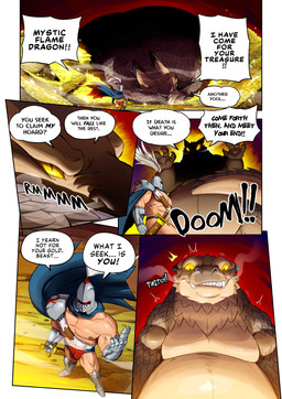3_fingers 5_fingers abs armor balls_outline briefs bulge cape claws clothed clothing coin detailed_bulge dialogue duo extreme_size_difference feral finger_claws fingers gauntlets genital_outline gloves glowing glowing_eyes glowing_yellow_eyes gold_(metal) gold_coin handwear knight knight_helmet larger_feral larger_male looking_down looking_down_at_another male male_feral male_human metal_gloves muscular muscular_human muscular_male partially_clothed partially_clothed_human partially_clothed_male penis_outline scabbard sharp_teeth sheathed_sword size_difference smaller_human smaller_male speech_bubble steam teeth text treasure treasure_hoard underwear warrior yellow_eyes gillpanda mythology dragon human mammal mythological_creature mythological_scalie scalie 2026 colored comic digital_media_(artwork) english_text hi_res promotional_material