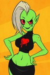 2018 alien alien_humanoid bottomwear breasts clothed clothing disney eyebrows female fingers freckles green_body green_skin hair half-length_portrait hands_on_own_hips humanoid humanoid_pointy_ears looking_at_viewer lord_dominator midriff navel noseless not_furry portrait red_eyes red_sclera small_waist solo standing topwear wander_over_yonder white_hair wide_hips xszwhr