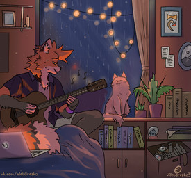 acoustic_guitar ambiguous_feral ambiguous_gender anthro bed book candle clothed clothing computer detailed_background electronics eyes_closed feral fur furniture guitar inside laptop lights male male_anthro multicolored_body music musical_instrument painting_(object) plant plant_pot plucked_string_instrument potted_plant raining red_body red_eyes red_fur relaxing solo string_instrument text white_body white_fur window xleb0rezka canid canine domestic_cat felid feline felis fox mammal red_fox true_fox hi_res url