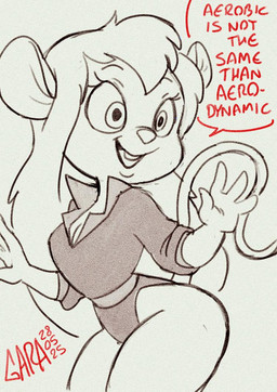 anthro big_breasts breasts buckteeth cleavage clothed clothed_anthro clothed_female clothing dialogue eyebrows eyelashes female female_anthro hair head_turned leotard long_hair open_mouth partial_speech_bubble pupils red_text rolled_up_sleeves snout solo tail teeth text tongue garabatoz chip_'n_dale_rescue_rangers disney gadget_hackwrench mammal mouse murid murine rodent 2025 dated english_text handwritten_text signature sketch