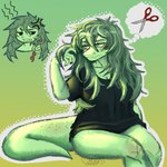 annoyed anthro biped bottomless bottomless_anthro bottomless_female breasts brush claws clothed clothing cross-popping_vein cutaway female finger_claws fingers freckled_breasts freckled_tail freckles front_view frown gradient_background green_body green_clothing green_hair green_scales green_shirt green_topwear grey_eyes hair head_turned holding_brush holding_object holding_paintbrush humanoid_hands long_hair long_tail looking_aside medium_breasts non-mammal_breasts outline paintbrush pose scales scissors shirt shirt_only simple_background sitting solo tail thinking thought_bubble topwear topwear_only white_outline yellow_sclera may_kiramel cavemanon_studios i_wani_hug_that_gator olivia_halford baryonyx dinosaur prehistoric_species reptile scalie spinosaurid theropod 1:1 2025 absurd_res colored hi_res