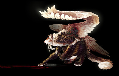 alternative_fashion anthro armor black_background blood blue_eyes bodily_fluids bracers clothing crouching dagger digitigrade feathered_wings feathers fur gauntlets gear gloves greaves grey_body grey_fur hair handwear holding_object holding_weapon mane markings melee_weapon simple_background solo spots spotted_body spotted_fur steampunk weapon whiskers white_body white_feathers white_hair wings amenlona avian felid hybrid mammal digital_media_(artwork)